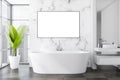 Bright bathroom interior with white empty poster, bathtub, sink, mirror Royalty Free Stock Photo