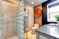 Bright bathroom with open shower Royalty Free Stock Photo