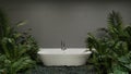 Bright bathroom with subway tile and a variety of green plants of deep forest style Royalty Free Stock Photo