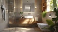 Bright bathroom with white sink on a wooden countertop, monochrome beige colors, daytime. Interior design Royalty Free Stock Photo