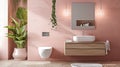 Bright bathroom with white sink on a wooden countertop, monochrome beige pink colors, daytime. Interior design Royalty Free Stock Photo