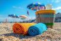 Bright beach towels lie on warm sand with playful colors. The setting shines under a clear sky. This image captures the