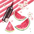 Bright beautiful abstract graphic cute delicious summer picnic set includes bottle of red wine, slices of watermelon, flowers of a