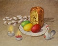 Bright beautiful composition of willow branches, Easter cake, painted eggs, statuettes of rooster and two burning candles. Royalty Free Stock Photo