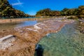 Bright Beautiful Fall Foliage on the Crystal Clear Frio River. Royalty Free Stock Photo