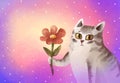 Bright beautiful hand-drawn greeting card with copy space. the cat that holds the flower Royalty Free Stock Photo