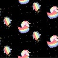 Bright beautiful lovely cute fairy magical colorful unicorns and rainbows pattern on black background vector illustration