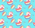 Bright beautiful lovely cute fairy magical colorful unicorns and rainbows pattern on blue background vector illustration