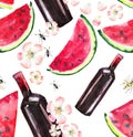 Bright beautiful lovely wonderful cute delicious tasty yummy summer picnic set includes bottle of red wine, slices of watermelon,