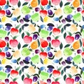 Bright beautiful summer juicy pears apples plums orange green red violet and yellow colors with green leaves pattern watercolor