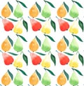 Bright beautiful summer ripe juicy pears orange green red and yellow colors with green leaves pattern