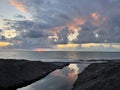 Bright beautiful sunset over Sea. Sunset sky clouds, abstract red and blue outdoors landscape. Travel, holiday, adventure, Royalty Free Stock Photo