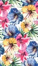 Bright beautiful tender lovely tropical hawaii floral summer pattern of a tropic light pink lily, yellow and blue hibiscus and gre Royalty Free Stock Photo