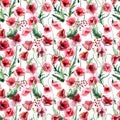 Bright beautiful wonderful summer autumn herbal floral red poppies flowers with green leaves pattern watercolor