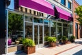 Bright beauty salon facade with large windows and flowers