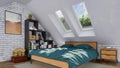 Bright bedroom interior in attic with double bed Royalty Free Stock Photo