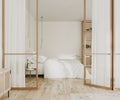 Bright bedroom interior with glass and wooden partition doors