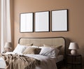 Bright bedroom mockup, rattan wooden bed in a beige background, poster frame mock up in a neutral colors room interior