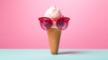 Bright berry ice cream in sunglasses, summer theme.