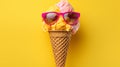 Bright berry ice cream in sunglasses, summer theme.