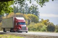 Bright big rig red semi truck in sunshine transporting frozen and chilled foods in refrigerator semi trailer running on the Royalty Free Stock Photo