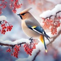 Bright bird Waxwing on a Rowan branch Winter Made With Generative AI illustration