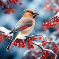 Bright bird Waxwing on a Rowan branch Winter Made With Generative AI illustration