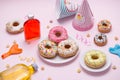 Bright birthday background with sweets and decorations Royalty Free Stock Photo