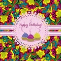 Bright Birthday card, invitation with cupcakes and ribbons. Doodle floral background.