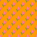 Bright bloom seamless pattern with little pink chrysanthemum flowers ornament. Orange background