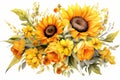 Nature floral background sunflower bouquet watercolor background summer flower yellow vintage illustration Royalty Free Stock Photo