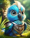 bright blue baby parrot, adorable big eyes, in Knight armor and helmet. AI Generative