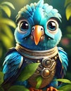 bright blue baby parrot, adorable big eyes, in Knight armor and helmet. AI Generative