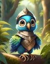 bright blue baby parrot, adorable big eyes, in Knight armor and helmet. AI Generative