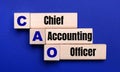 On a bright blue background, light wooden blocks and cubes with the text CAO Chief Accounting Officer Royalty Free Stock Photo