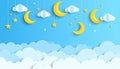 Yellow crescent moons and stars hanging on blue background Royalty Free Stock Photo