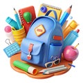 Bright blue backpack surrounded by diverse, colorful school supplies essentials Royalty Free Stock Photo
