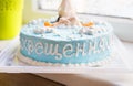 Bright blue baptized cake with a child and a stork-inscription baptism