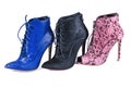 Bright blue, burgundy lace and black fur ankle boots. Footwear of three different colors and materials