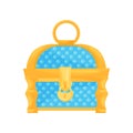 Bright blue chest with golden lock and handle. Small casket for jewelry. Flat vector for children book or mobile game