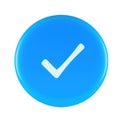 A bright blue circular button featuring a crisp white checkmark symbol isolated on white background Royalty Free Stock Photo