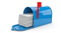 Blue mailbox overflowing with a stack of white envelopes on a white background letters postal Royalty Free Stock Photo