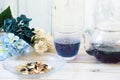 Bright blue color butterfly pea flower herb tea in a glass teapot and a cup Royalty Free Stock Photo