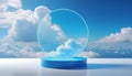 Blue podium with clear circle against sky and clouds Royalty Free Stock Photo