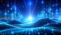Bright blue digital explosion of binary code and light streams emanating from a central point over a wireframe landscape Royalty Free Stock Photo