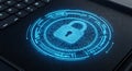 Digital security concept with glowing blue lock symbol surrounded by cyber network circuits on laptop keyboard Royalty Free Stock Photo