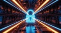 Digital security concept with glowing padlock icon and futuristic data tunnel representing cyber protection Royalty Free Stock Photo
