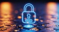 Digital security concept with glowing padlock icon on futuristic circuit board background Royalty Free Stock Photo