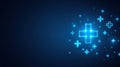 Bright Blue Glowing Crosses Create a Dynamic Visual on a Deep Blue Background, Enhancing the Technology and Digital Royalty Free Stock Photo