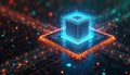 Bright blue glowing cube on intricate circuit board. Visual represents quantum computing, big data processing, advanced machine Royalty Free Stock Photo